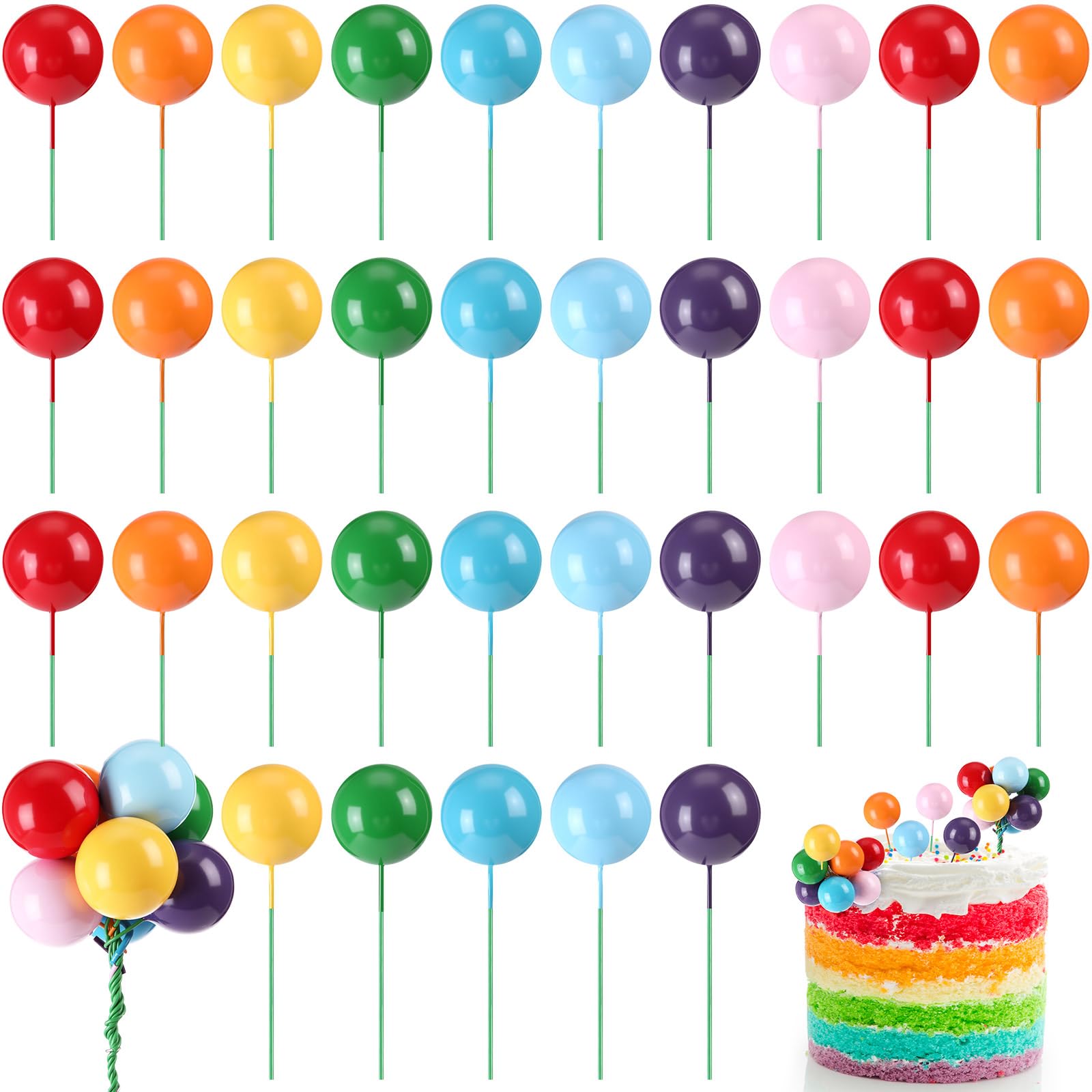 Sieral 40 Pcs Mini Balloon Cake Toppers Colorful Rainbow Topper Round Clay Balls Cupcake Toppers for Birthday Baby Shower Wedding Party Decorations (Light Color,Foam)