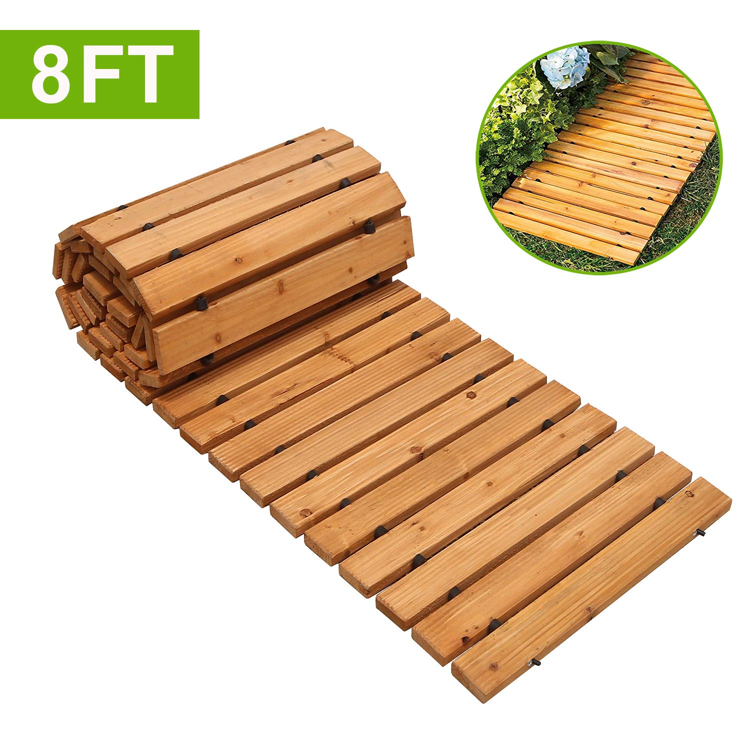Reliancer 8' Wooden Garden Pathway Weather-resistant Straight Walkway Roll Out Cedar Outdoor Patio Path Rustic Decorative Garden Boardwalk Walkways Roll Up Beach Wood Road Floor Wedding Party Pathways