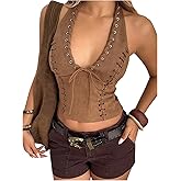 SweatyRocks Women's Deep V Neck Lace Up Crop Halter Tops Tie Front Western Cowgirl Suede Top