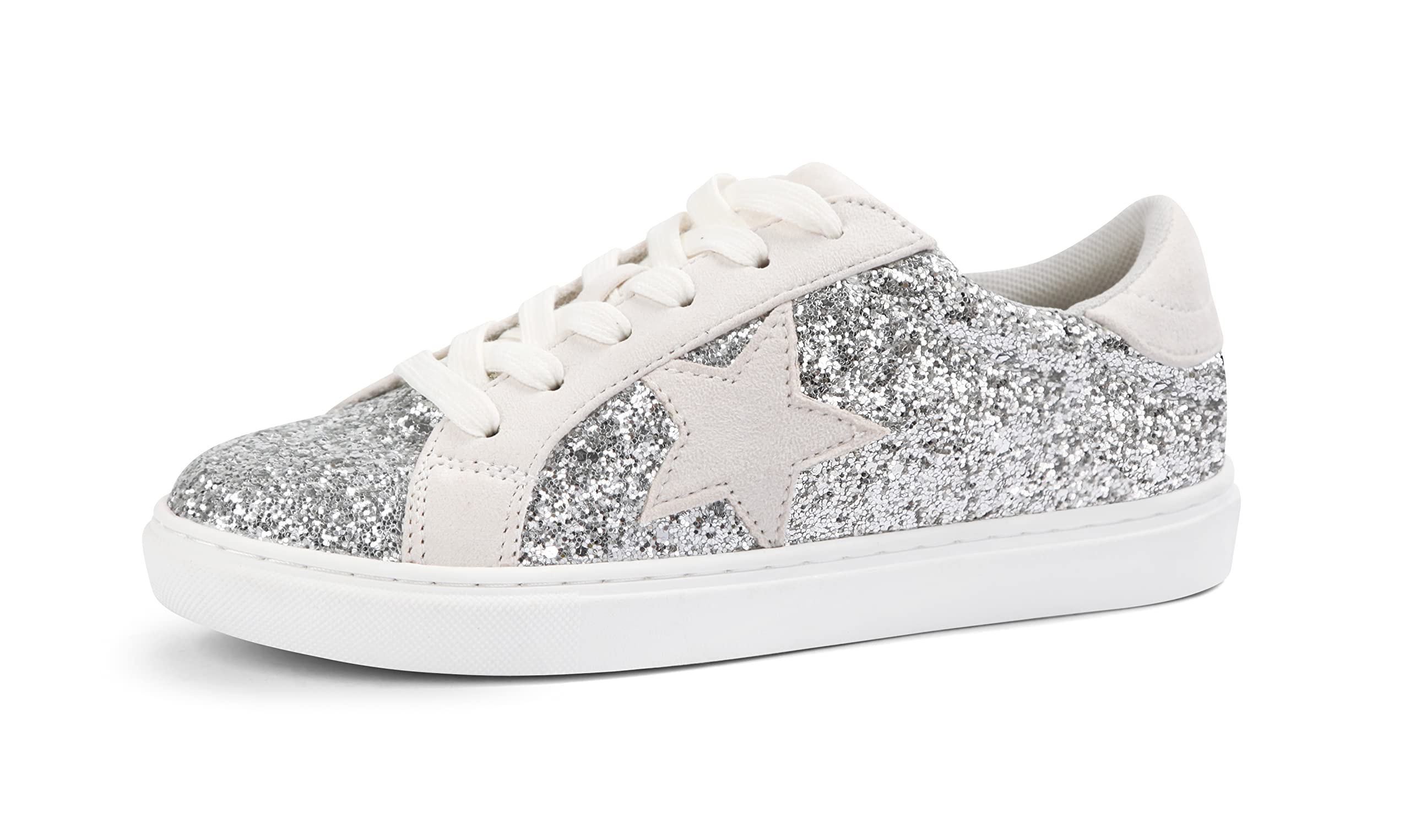 Photo 1 of PARTY Women's Fashion Star Sneaker Lace Up Low Top Comfortable Cushioned Walking Shoes, Podcast-Silver Glitter Suede-9