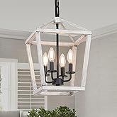 4 Light Rustic Chandelier, Farmhouse Lantern Fixture with Brushed White Oak Cage and Adjustable Chain, E12 Base Geometric Han
