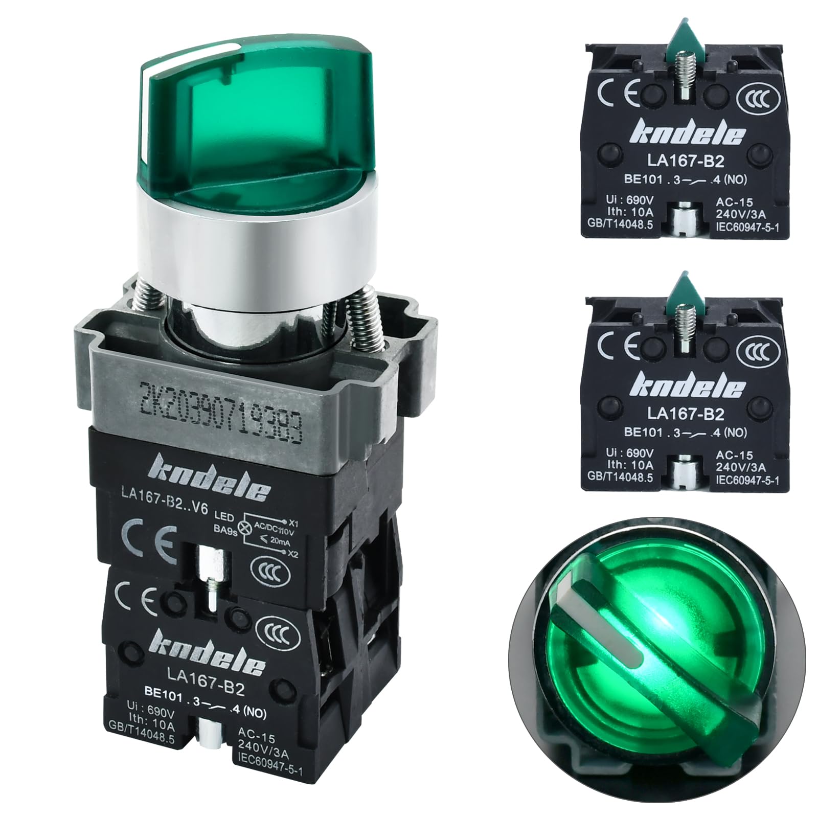 Photo 1 of 10Amp 3 Position Rotary Switch with 110VAC Green Light 22mm 7/8in Mounting Hole Selector Switch Maintained DPDT 2NO 2NC Latching Switch