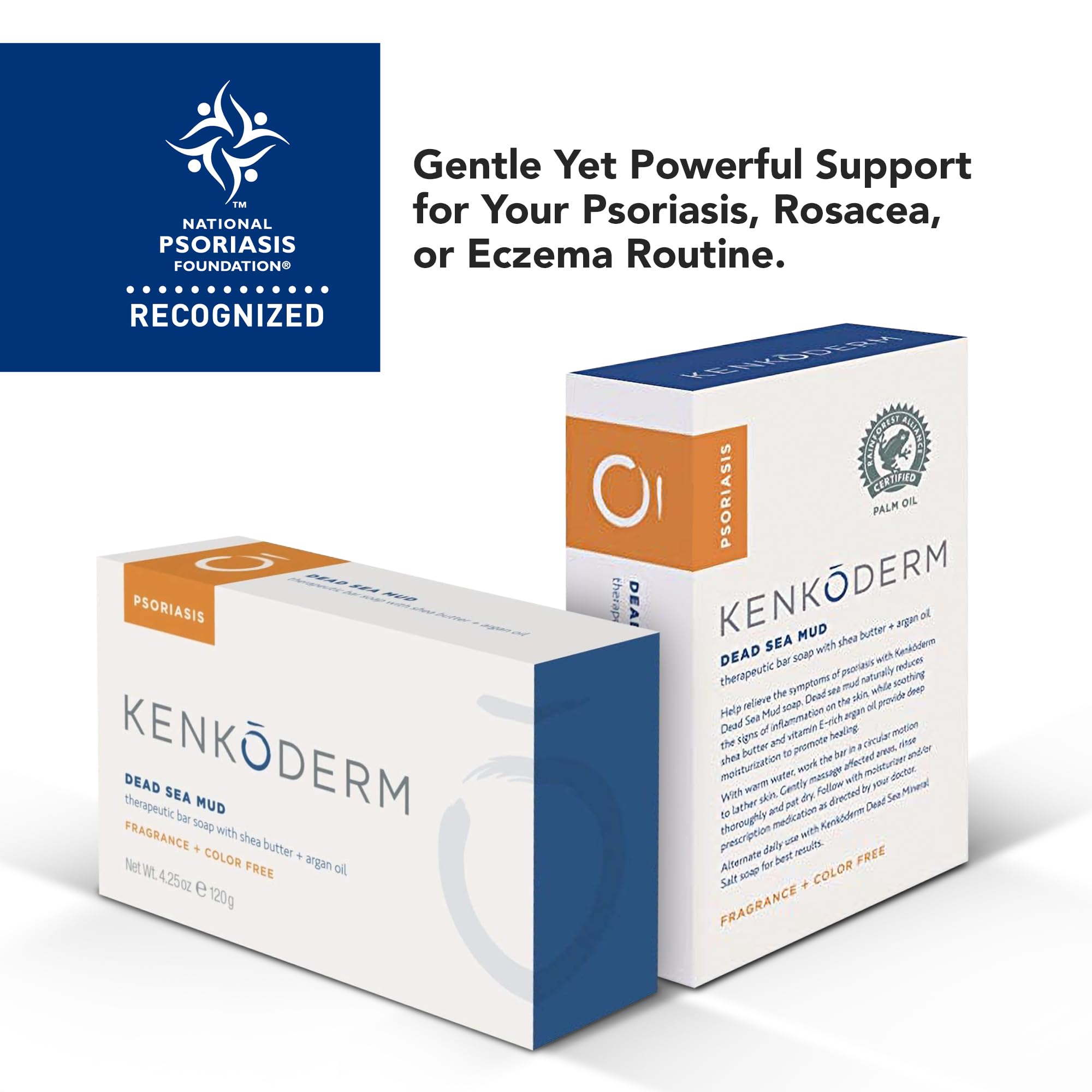 Kenkoderm Psoriasis Dead Sea Mud Soap with Argan Oil & Shea Butter, Natural Exfoliating Body & Face Cleanser for Sensitive Skin, Fragrance & Color-Free, 4.25 Ounce, 1 Bar