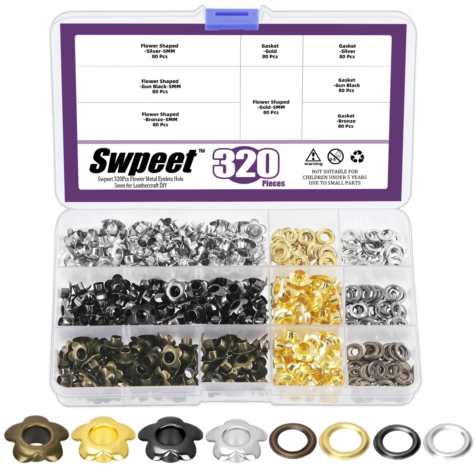 Swpeet 320Sets 3/16" (5mm) 4 Colors Hole Flower Grommets Metal Grommets Eyelets Grommet Kit, Gold/Silver/Bronze/Gun-Black Metal Eyelets Kits Grommets Eyelets for Repairing Canvas, Leather, Curtains