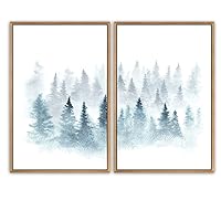SIGNWIN Framed Canvas Print Wall Art Foggy Teal Green Pine Forest Nature Trees Watercolor Minimalism Contemporary Relax/Calm for Living Room, Bedroom, Office - 16
