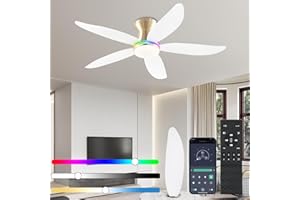 JSAITEE Ceiling fan with light, 48" RGB Low Profile Ceiling fans with Lights and Remote Control, Dimmable, DC Reversible Motor, Noiseless, 6 Speeds Flush Mount White Ceiling Fan for Bedroom