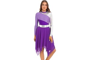 JEEYJOO JEYPINMI Women's Praise Liturgical Dance Dress High Low Chiffon Worship Metallic Color Block Costume