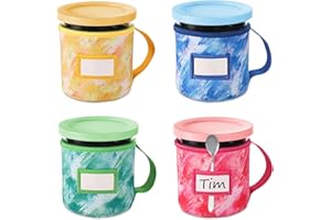 4pcs Ice Cream Neoprene Sleeves, with Handle Cup Spoon Holder and Name Plate Slot Reusable Washable Deluxe Insulated Cover fo