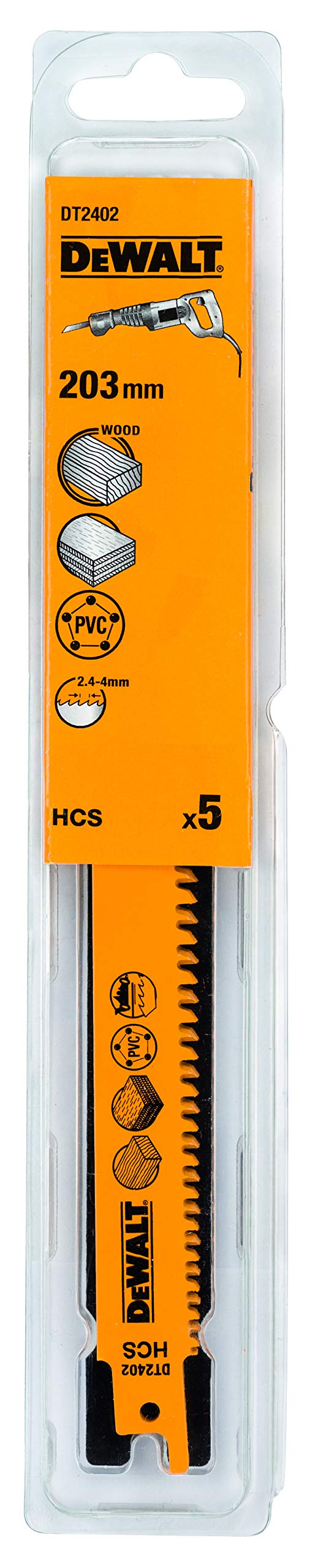 Dewalt DT2402-QZ Reciprocating Blades HCS Wood, 203 mm, Set of 5 Pieces