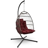 SereneLife Egg Chair with Stand – Hanging Rattan Wicker Swing for Indoor Outdoor Use – 350 lbs Capacity, Breathable Cushion & Headrest – Patio, Balcony, Porch, Bedroom Lounge Furniture