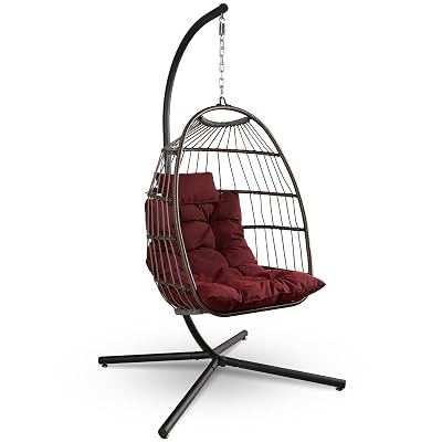 SereneLife Egg Chair with Stand – Hanging Rattan Wicker Swing for Indoor Outdoor Use – 350 lbs Capacity, Breathable Cushion & Headrest – Patio, Balcony, Porch, Bedroom Lounge Furniture
