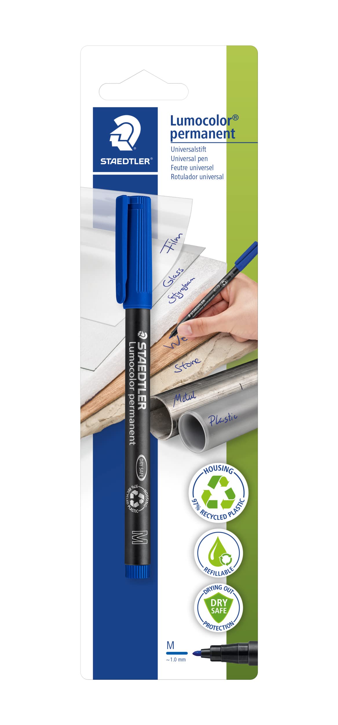 3 BKDA Staedtler 317 Lumocolor Permanent Universal Pen Medium Point 1.0 mm, Pack of 1 on Blister Card – Blue