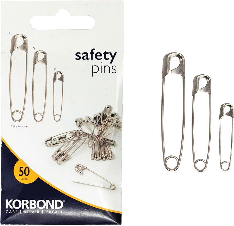 KORBOND 50 Piece Nickel Plated Steel Safety Pins - Large Pack for Crafts &