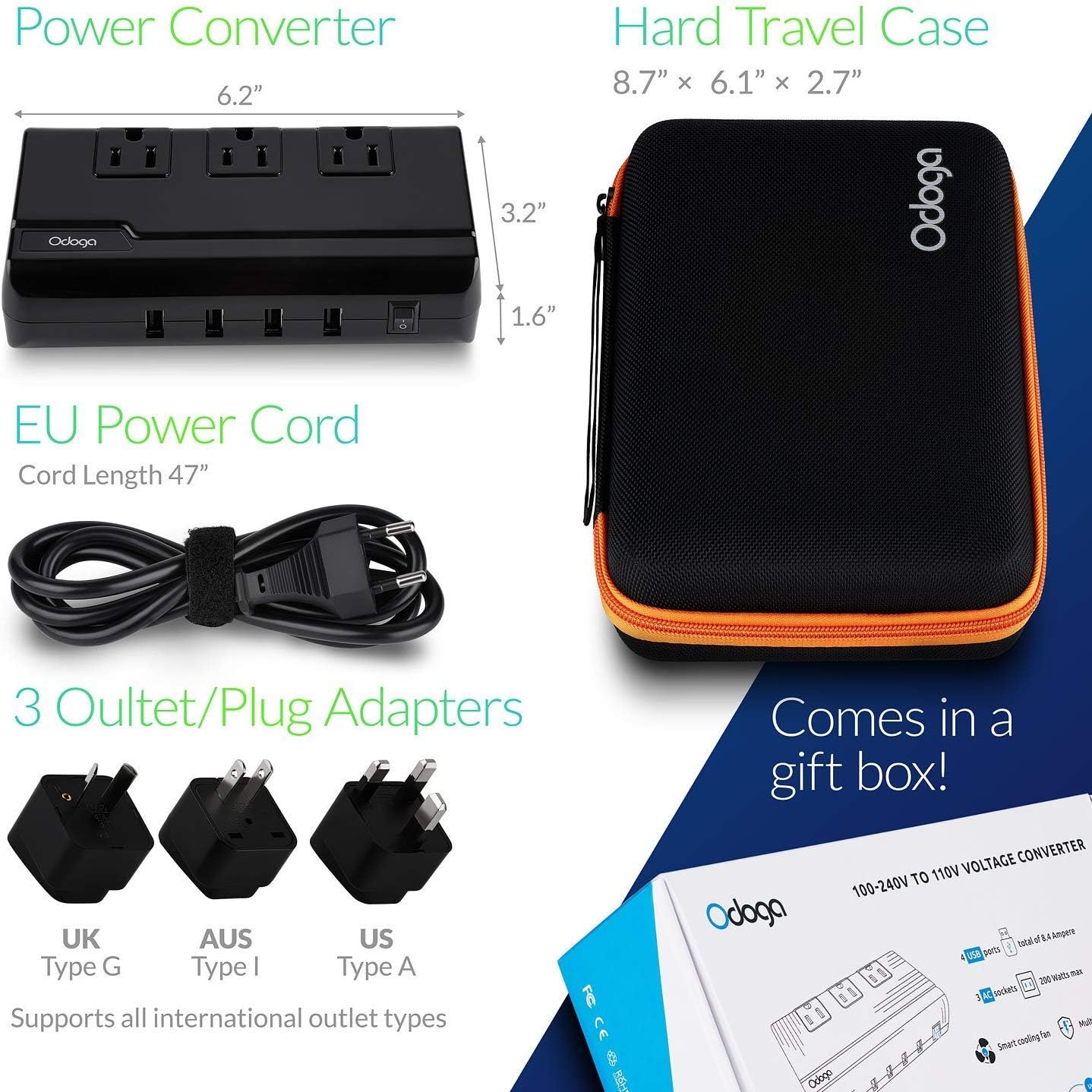 Odoga Voltage Converter 220V to 110V Travel Adapter with 4 USB Ports 3 AC Outlets and UK/Europe/AUS International Travel Plugs for More Than 150 Countries: Automotive
