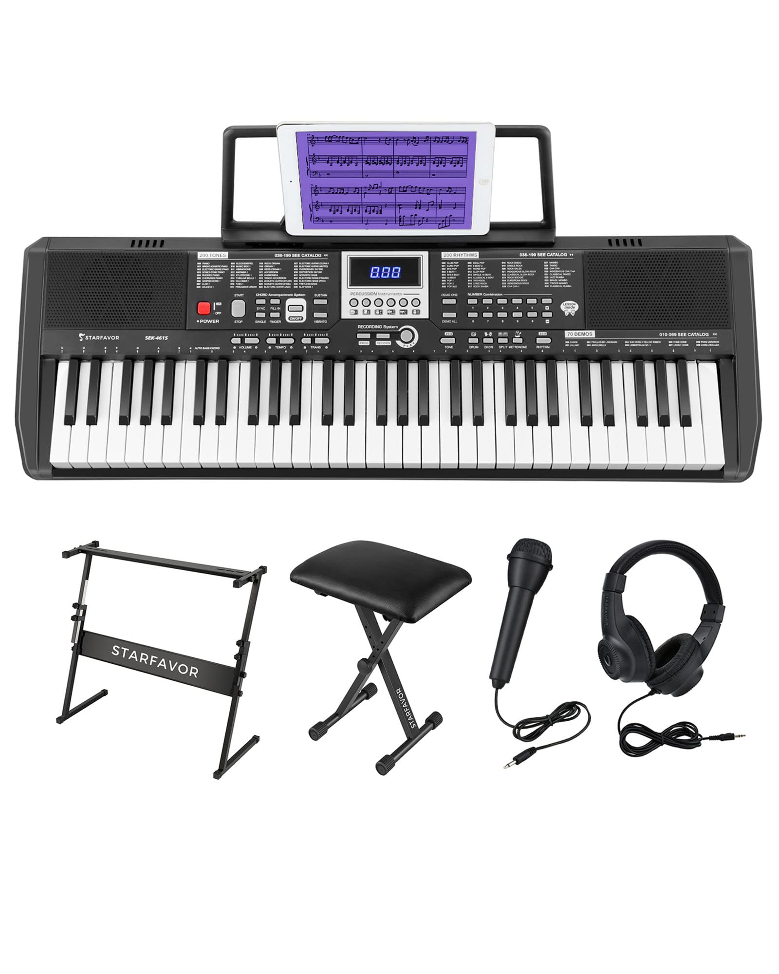 Starfavor 61 Key Portable Electric Keyboard Electronic Piano Music for Beginners Adults Kids, include Z-style Stand, Stool, Power Supply, Microphone, Headphone (SEK-461S)