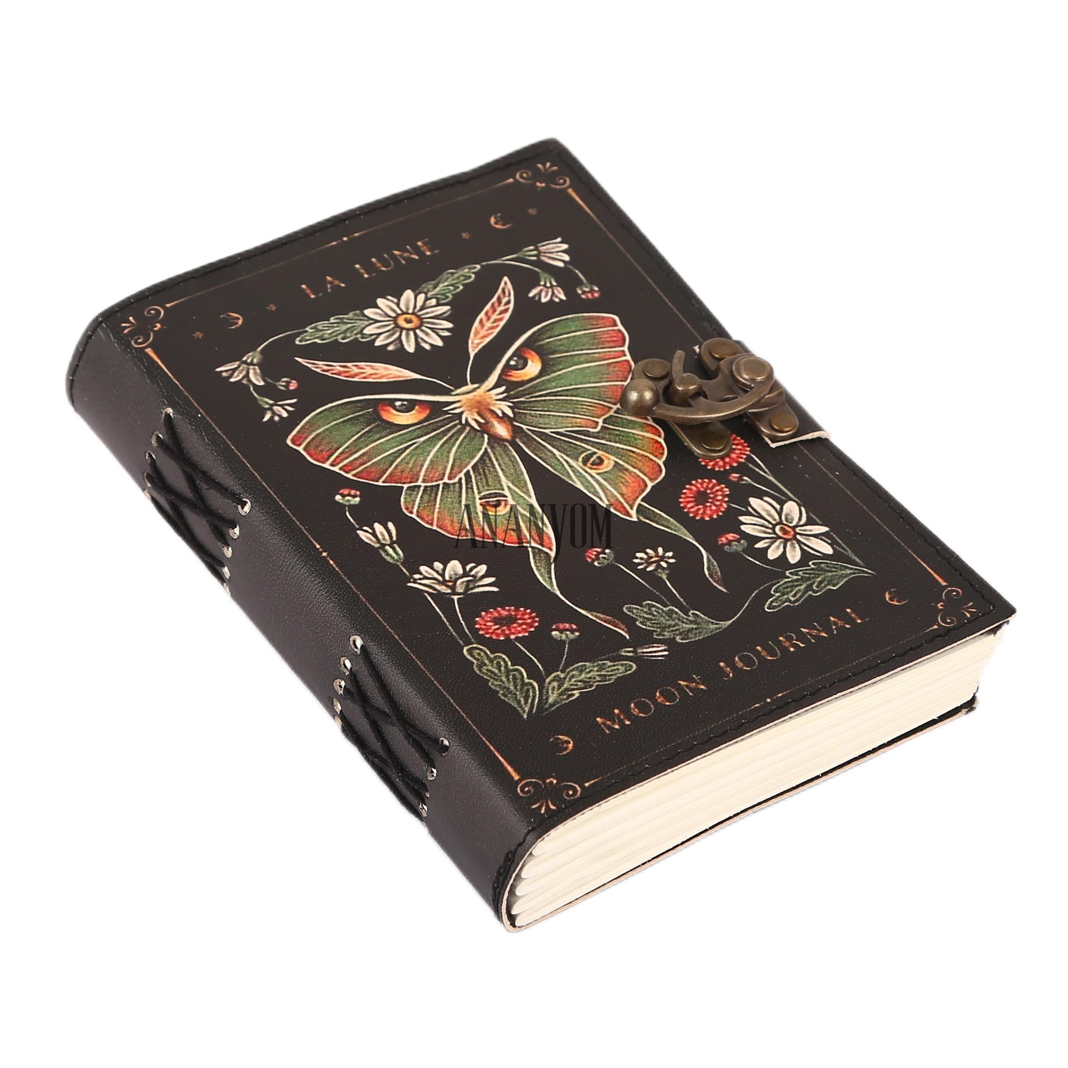ANANYOM 7x5 Inch Leather Journal Notebook for Writing - Luna Moth and Morpho Butterfly – 200 White Paper Vintage Leather Notebook Diary Sketchbook Unruled Journal Brass Clasp Lock, Black — image 1