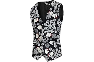 Men Christmas Suit Vest Red Green Xmas Tree Santa Printed Holiday Waistcoat V-Neck Business Formal Vest Jacket