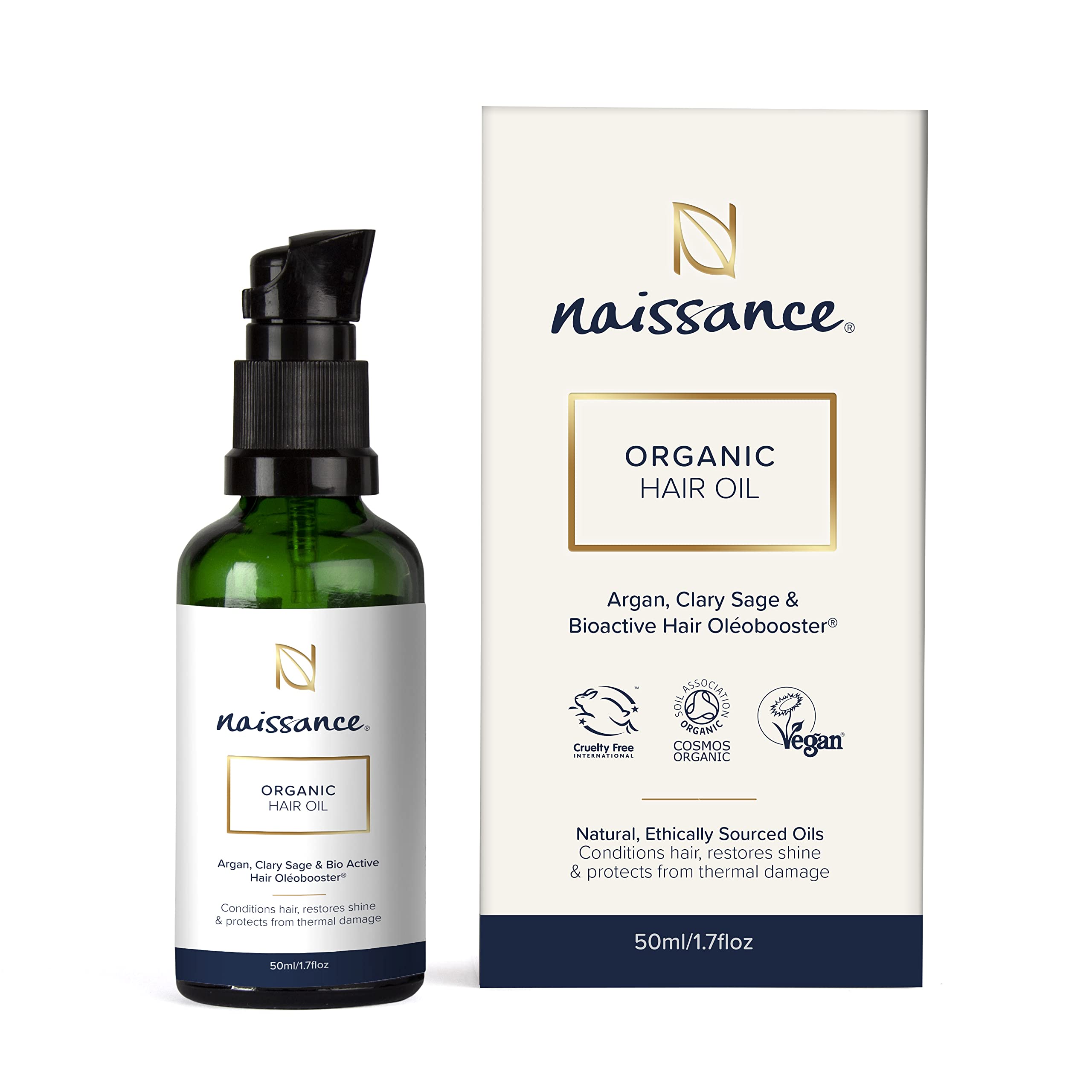 Naissance Certified Organic Hair Oil 50ml - Nourishing Serum with Argan Oil For Hair Growth - Natural Treatment For Dry Damaged Frizzy Hair - Restores Shine Heat Protection Travel Size For Men & Women