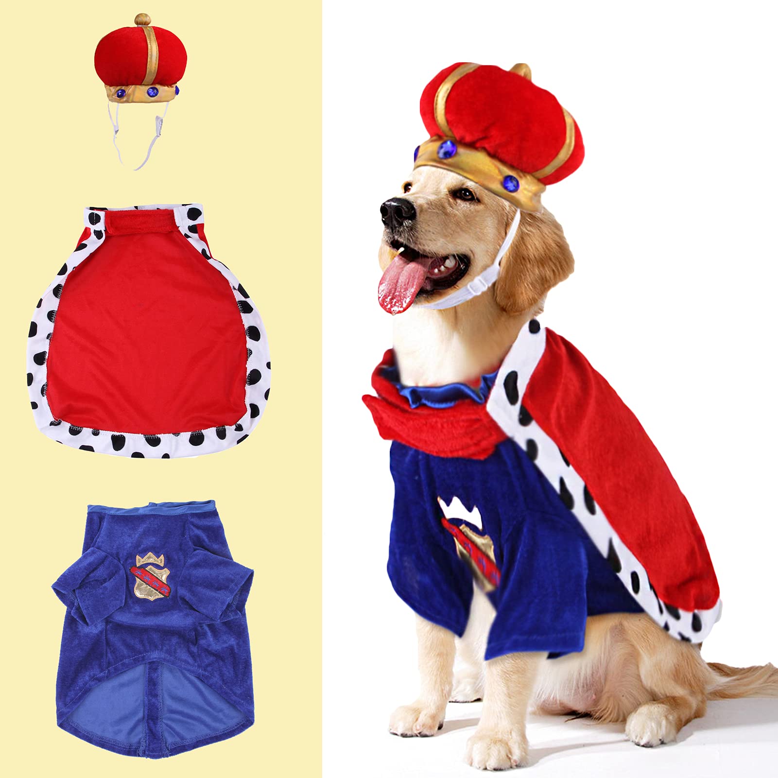 Photo 1 of SEIS Halloween 3 Pcs Dog King Cloak Costume with Crown Cap Pet Suit Prince Autumn Winter Apparel Cat Hoodies with Hat Puupy Clothes French Bulldog Chihuahua (XL (Chest Circumference 69cm/27.1"))