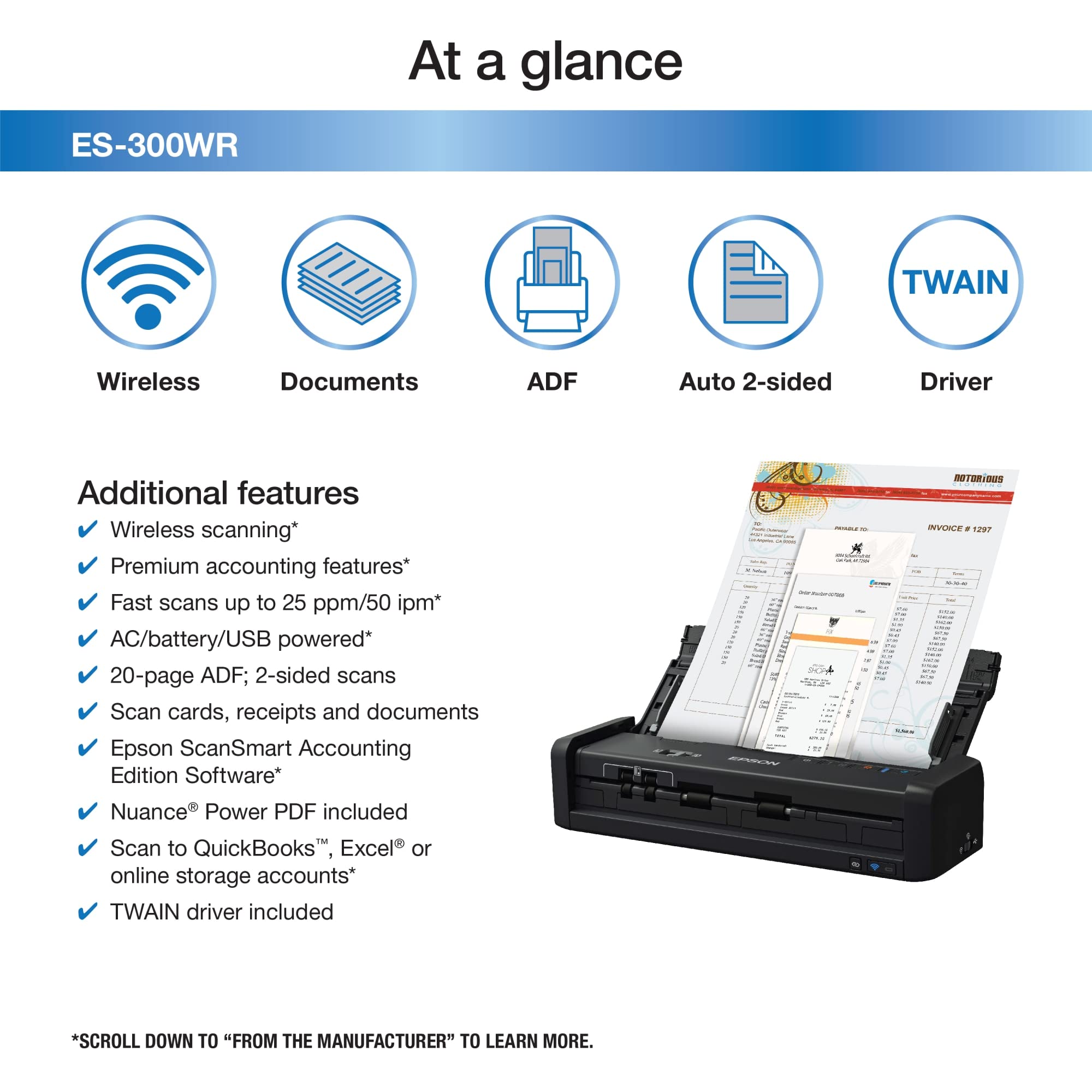 Epson ES-300WR Wireless Color Portable Duplex Document Scanner Accounting Edition for PC and Mac, Auto Document Feeder (ADF)