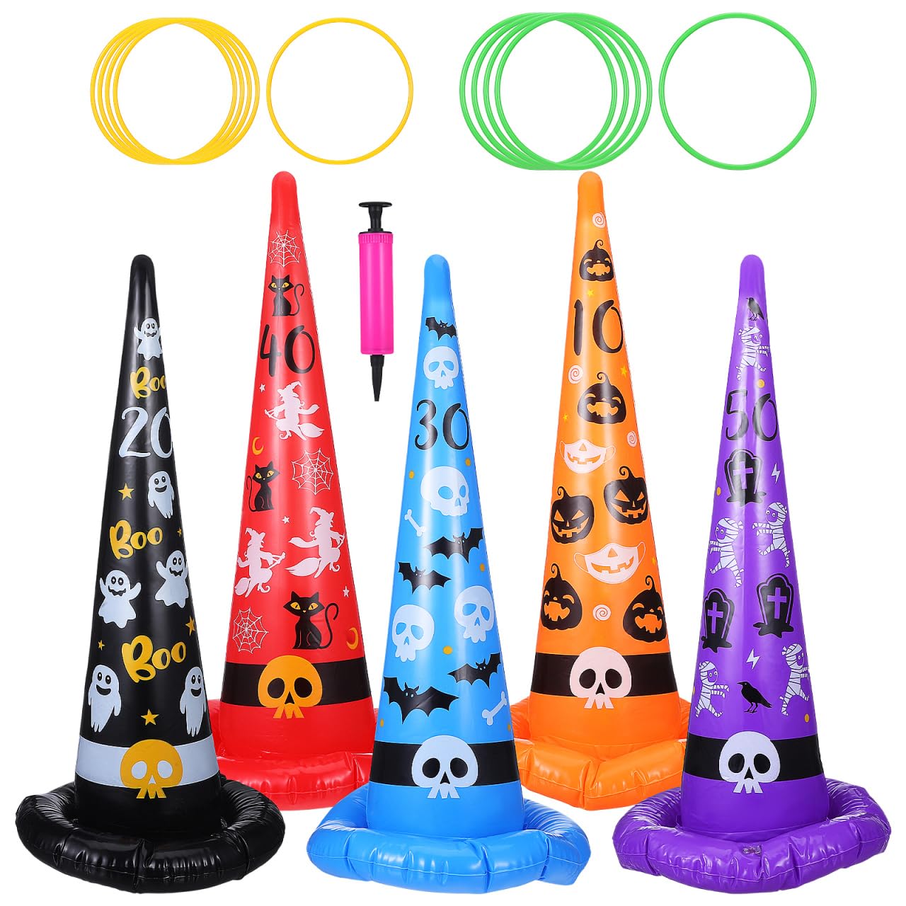 CLISPEED Ring Toss Game Set, 16 Pcs Halloween Inflatable Witch Hats Toss Game with Air Pump and Plastic Rings for Kids Family School Outdoor Indoor Carnival Party Favor Halloween Toss Toys