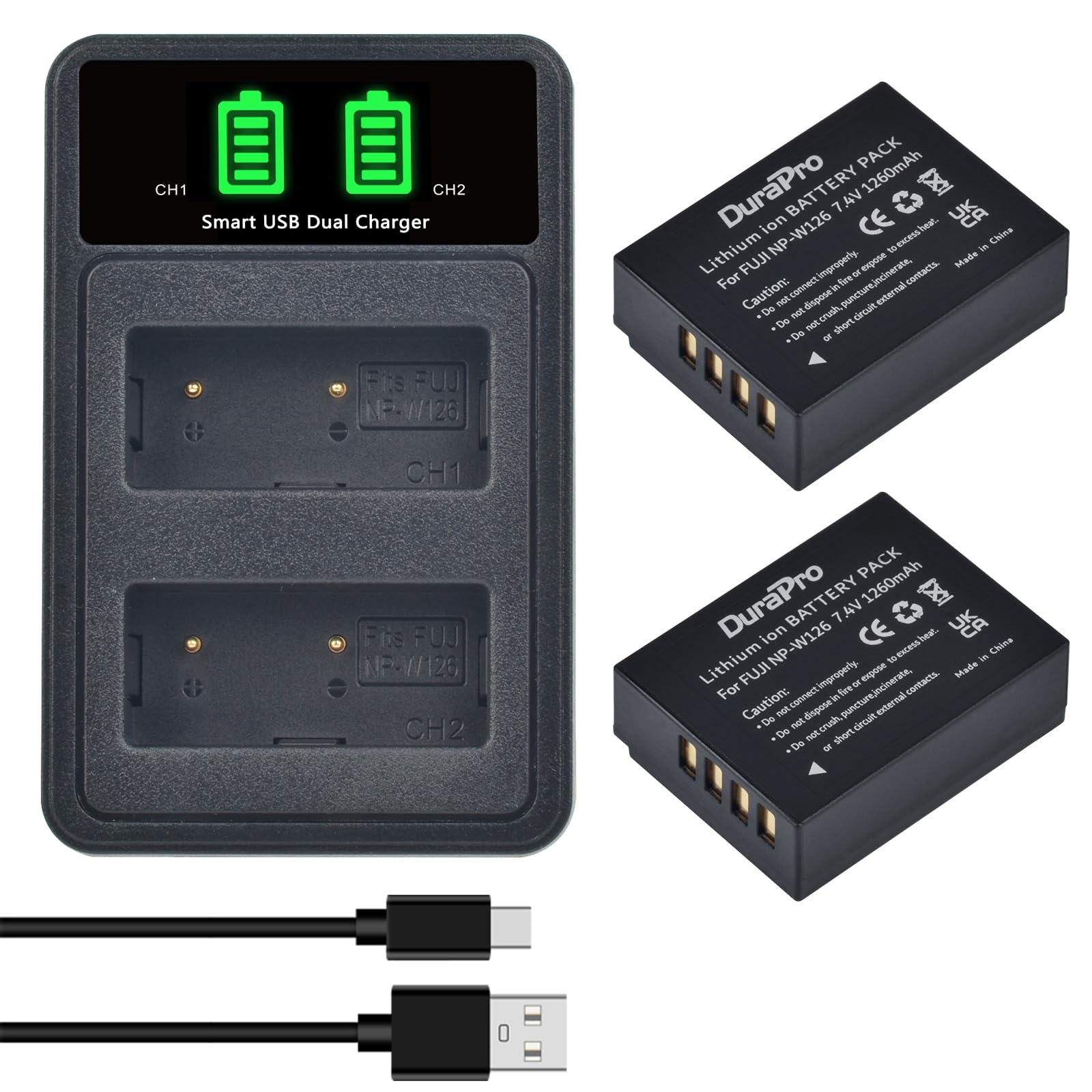 DuraPro 2X NP-W126 NP W126 Battery + LED USB Dual Charger for Fuji NP-W126 NP-W126S X100F X-A1 X-E2 X-E2S X-Pro1 X-Pro2 X-T1 X-T2 X-T3 X-T10 X-T20 X-T100 X-H1 FinePix HS33EXR HS50EXR Cameras