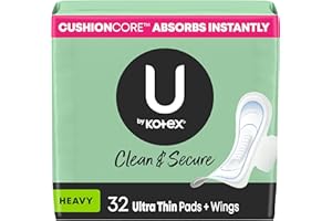 U by Kotex Clean & Secure Ultra Thin with Wings Pads for women (Previously 'Security'), Heavy Absorbency, 32 Count (Packaging