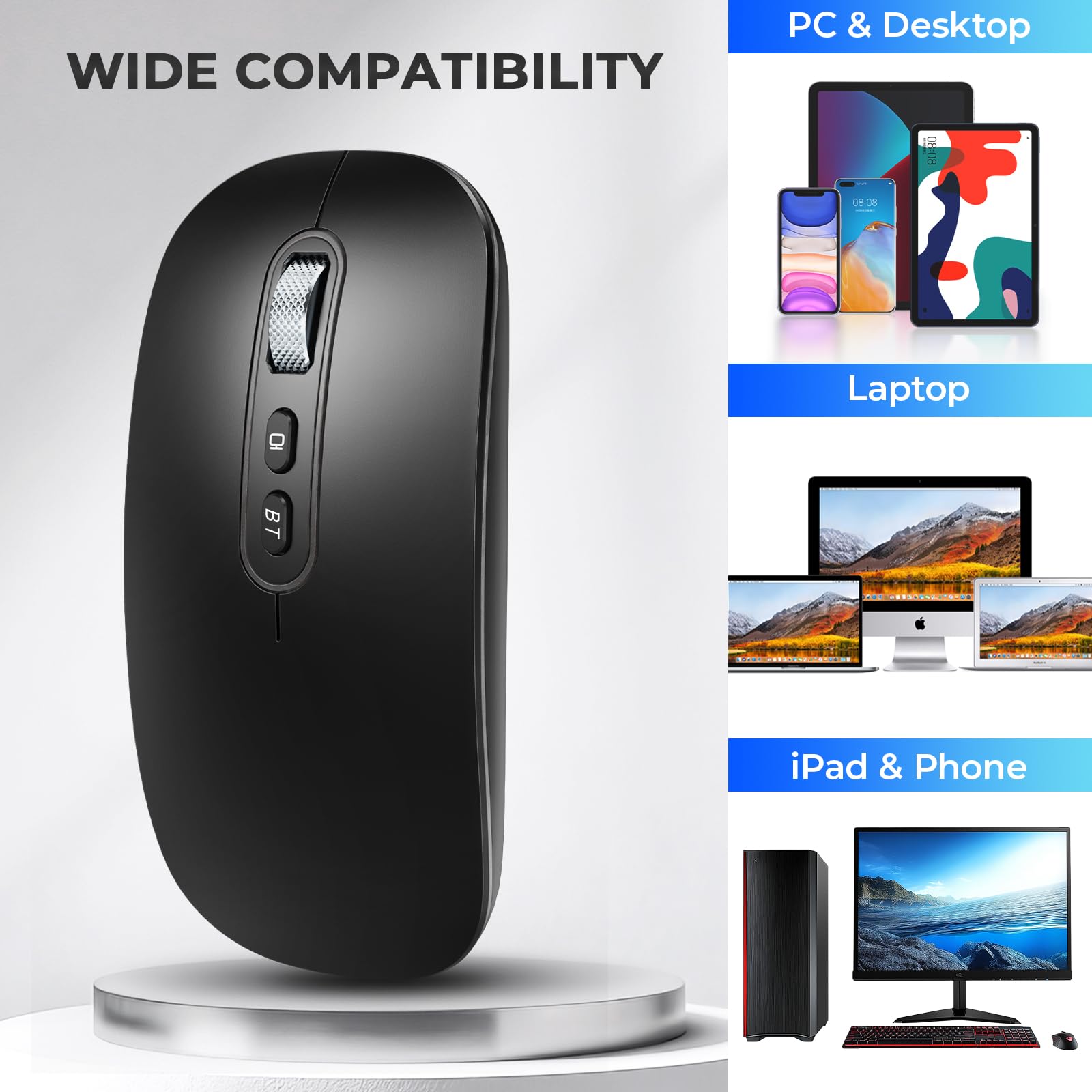 PINKCAT Maus Kabellose USB C, Wiederaufladbare Dual-Modus Mouse(Bluetooth5.1+USB C), Leise Bluetooth Maus,Wireless Mouse, Ergonomische Leise Funkmaus Für MacBook Air/Pro iPad Mac Laptop PC Computer 6