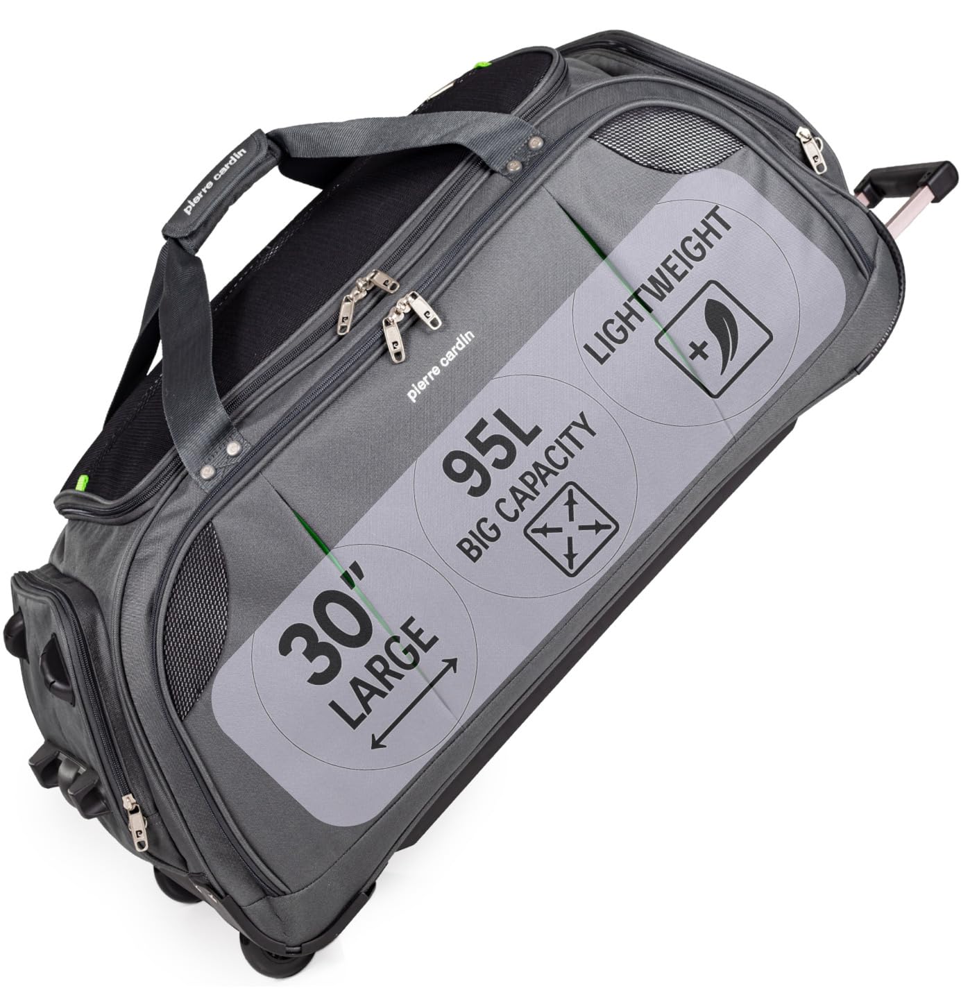 Pierre Cardin Techno Large Grey Wheeled Duffel Bag - 95L Capacity, 30" | Grey Nylon Wheeled Duffle Suitcase