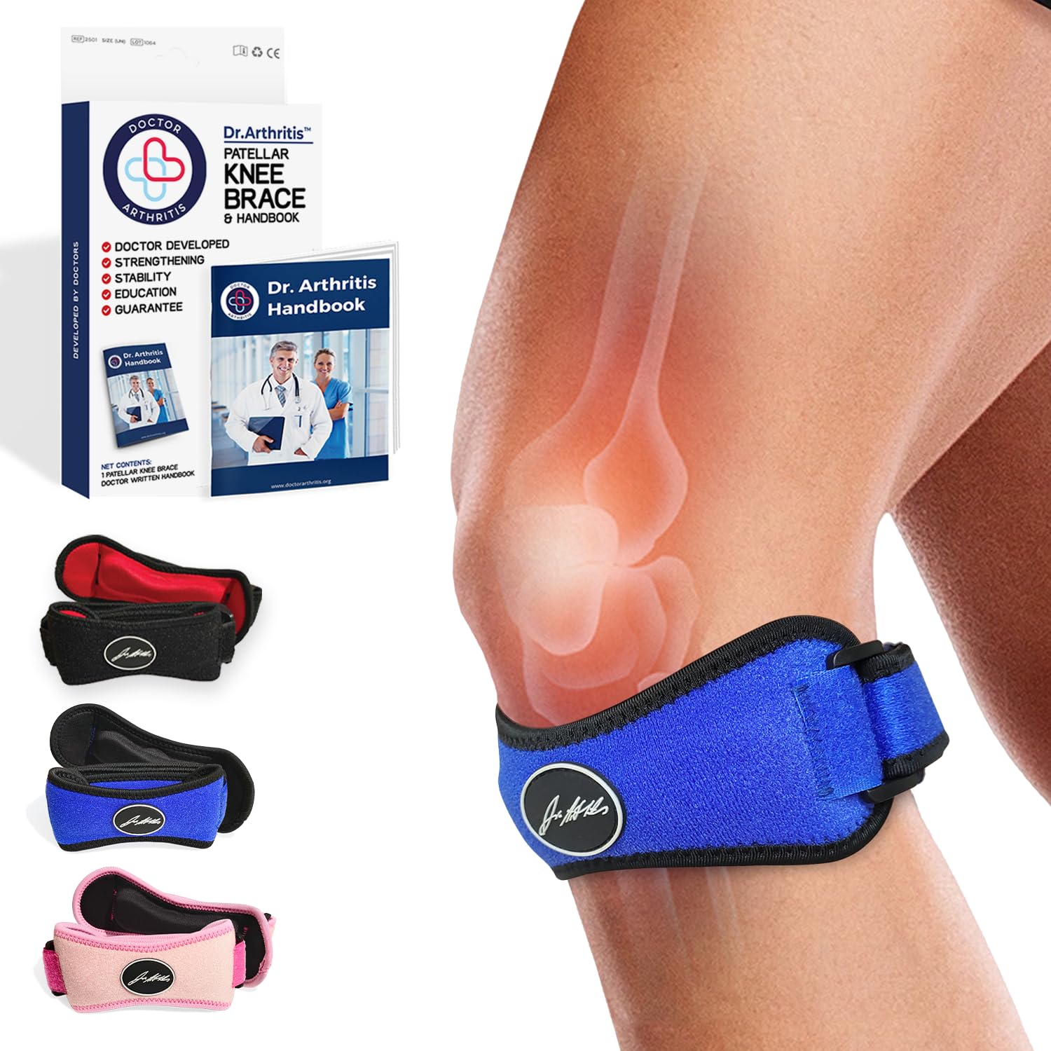 Dr.Arthritis Doctor Developed Patella Tendon Strap for knee support & Doctor Handbook (Blue, Single)
