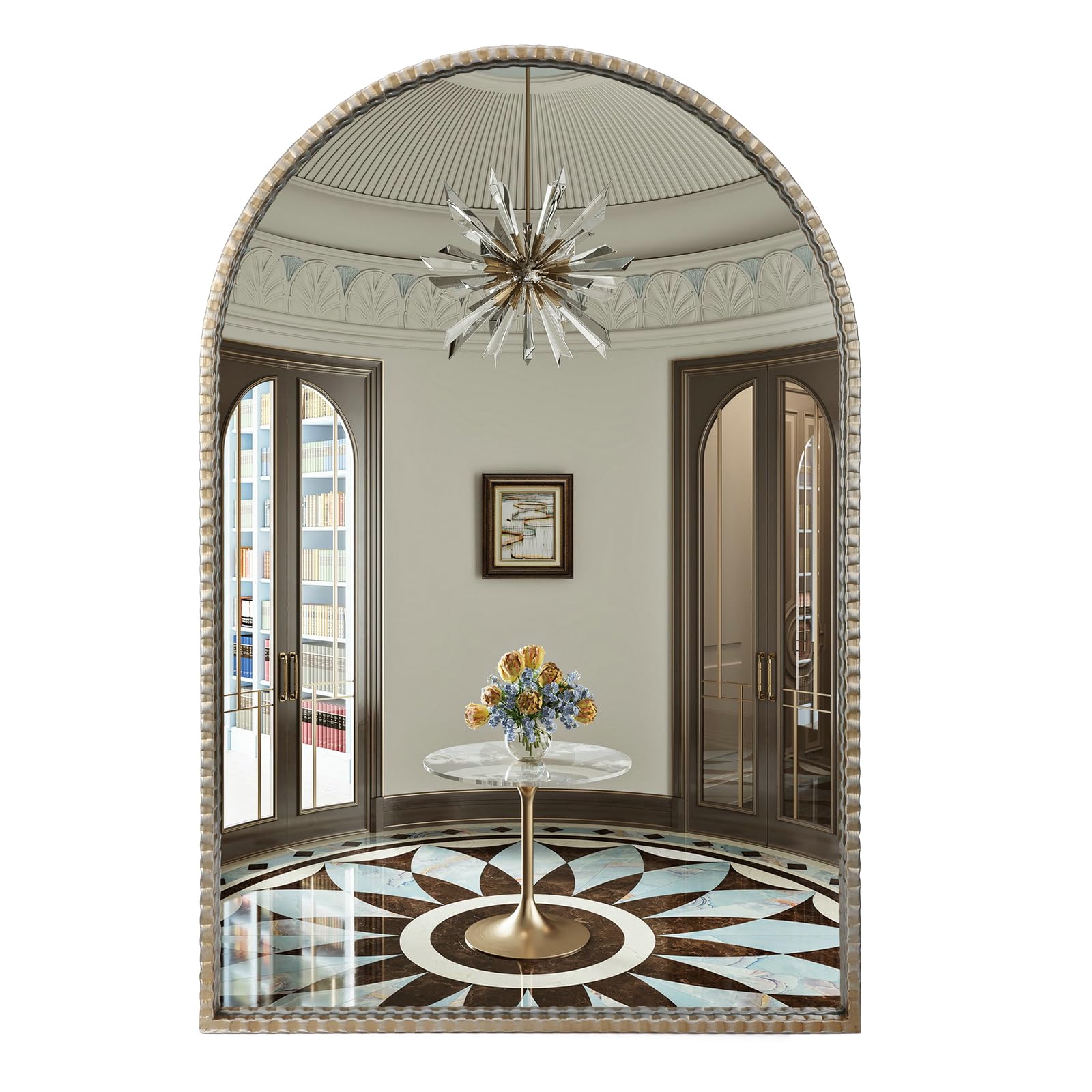 Photo 1 of Fobule 24"x36" Antique Silver Arch Mirror - Retro Distressed Geared Metal Frame Farmhouse Wall Mirror 