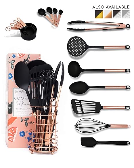 Black And Copper Cooking Utensils With Stainless Steel Copper