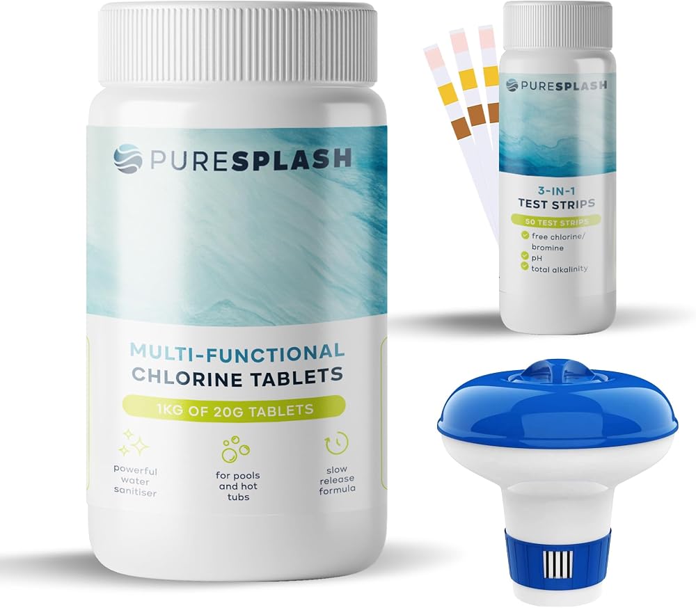 CUQOO Pure Splash 1kg Chlorine Tablets with Dispenser & Test Strips
