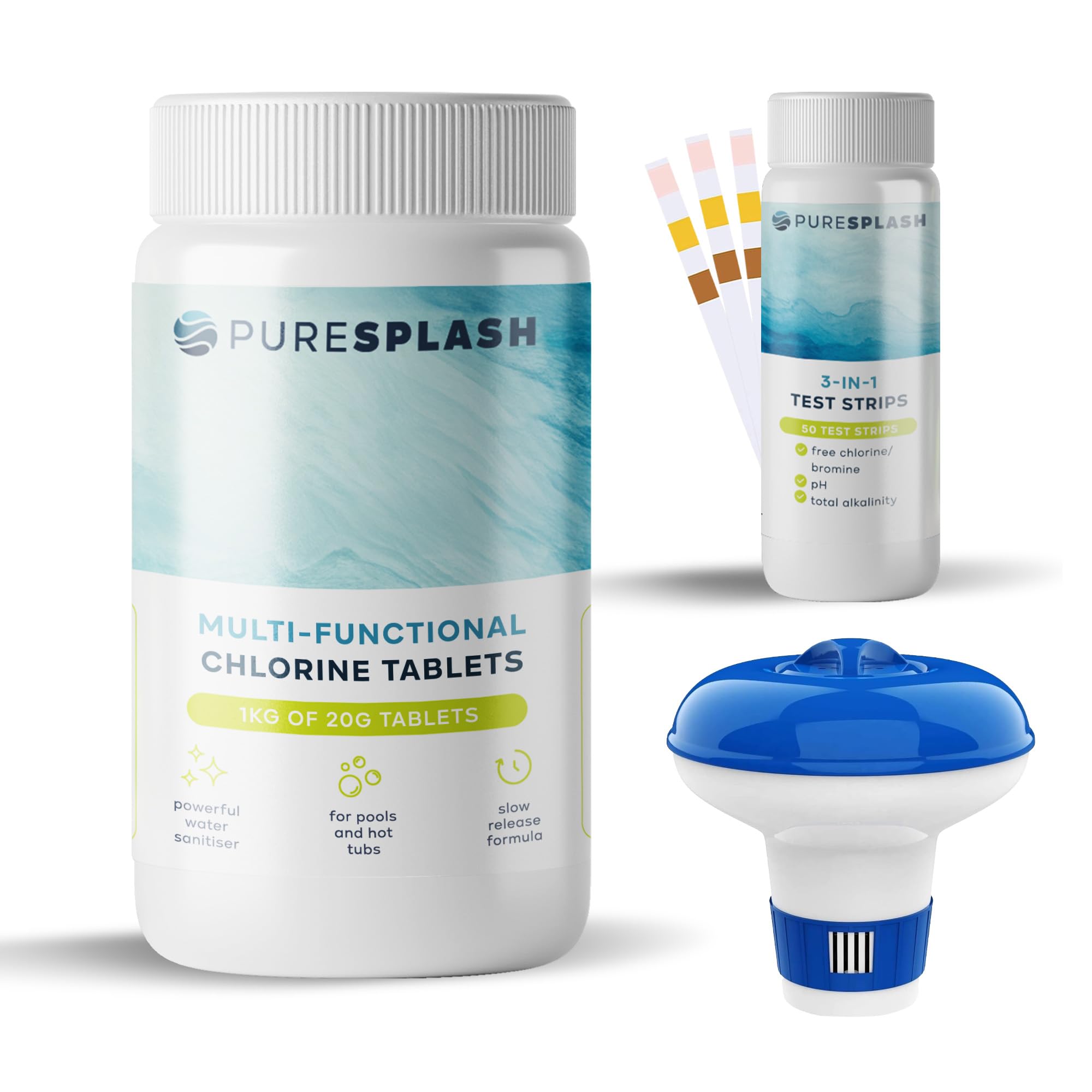 𝐏𝐔𝐑𝐄 𝐒𝐏𝐋𝐀𝐒𝐇! 1kg Chlorine Tablets w/Dispenser & Test Strips – Complete 4-in-1 Hot Tub & Pool Maintenance Kit for Inflatable, Paddling, Above-Ground Pools | Sanitiser, Clarifier, Algaecide