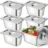 6 Packs Stainless Steel Hotel Pans with Lids 1/4 Size x 6" Deep Steam Table Commercial Food Storage Containers Stackable Meta