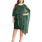 TIARALY Plus Size Sparkly Formal Dress Long Cape Overlay Midi Mother of Bride Outfit Cocktail Wedding Guest Evening Prom