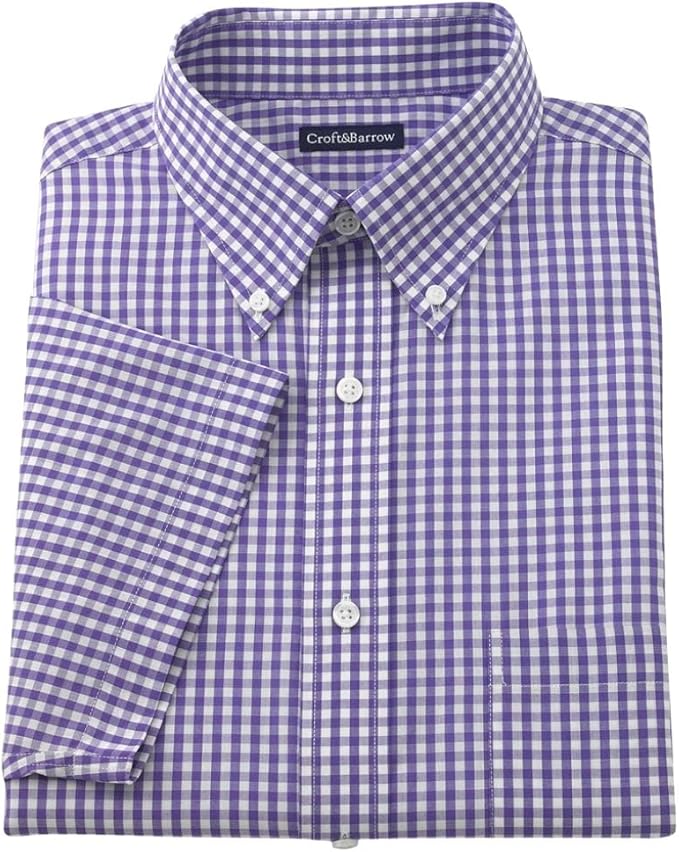Croft & Barrow Classic Fit Gingham Button Down Short Sleeve Shirt Purple Check (Large (16 1/2