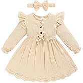 Sinhoon Toddler Fall Dress Baby Girl Dress Ruffle Long Sleeve Toddler Girl Dress Smocked Baby Fall Dresses with Bow Headband