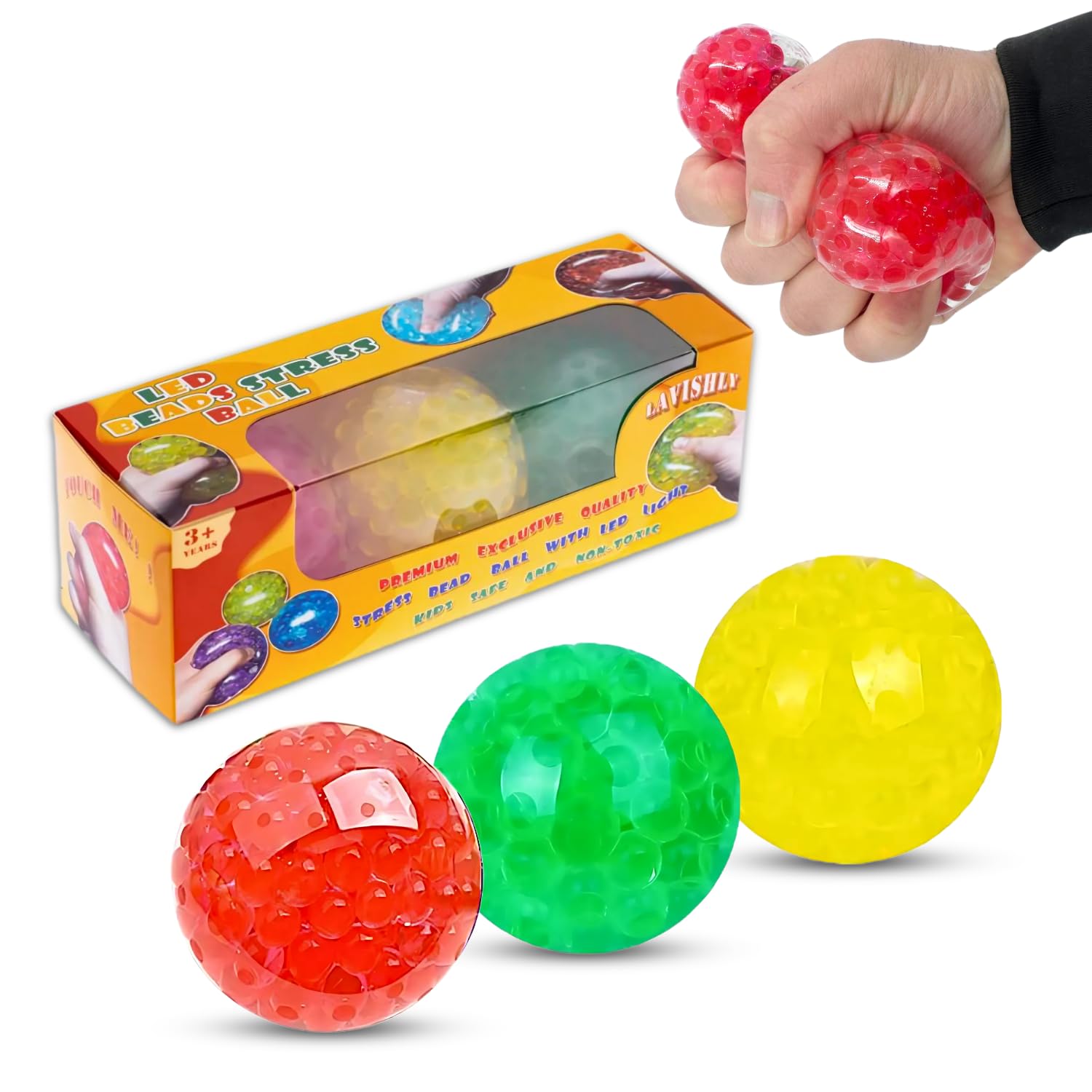 Stress Balls for Adults & Kids - Lavishly 3 Pack LED Light Balls Anxiety Relief Sensory Balls for Autism, Hand Therapy, Focus & Relaxation