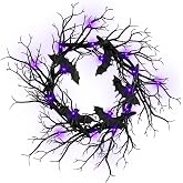 VDKIDKT Halloween Wreath for Front Door, Black Bats, Purple Lights, 18 Inch | 18-inch black twig wreath, Glitter bats, Purple lights, Bendable branches, 2 AA batteries required, For doors and walls