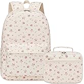Octsky School Backpack for Girls Teens Corduroy Bookbags with Lunch Box, Women Travel Daypacks, Pink Flowers