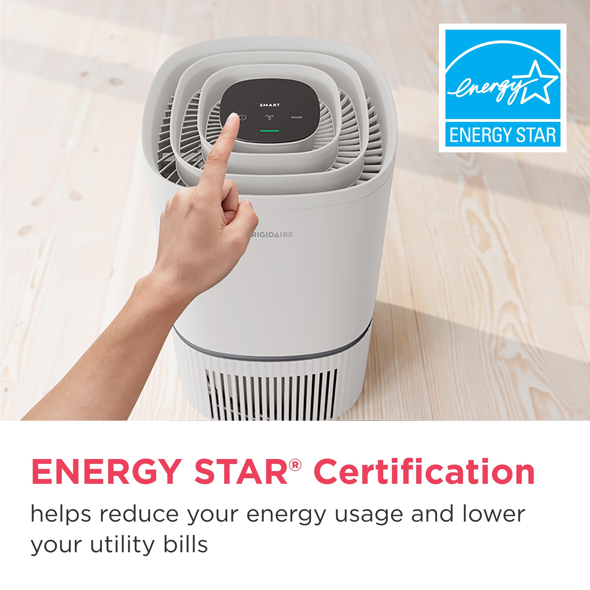 Frigidaire PureA300 HEPA Air Purifier for Small Bedrooms, Covers up to 850 Sq. Ft., 3-Stage Filtration, Energy Star Certification, Air Quality Monitoring, Smart Mode, Ultra Quiet, White
