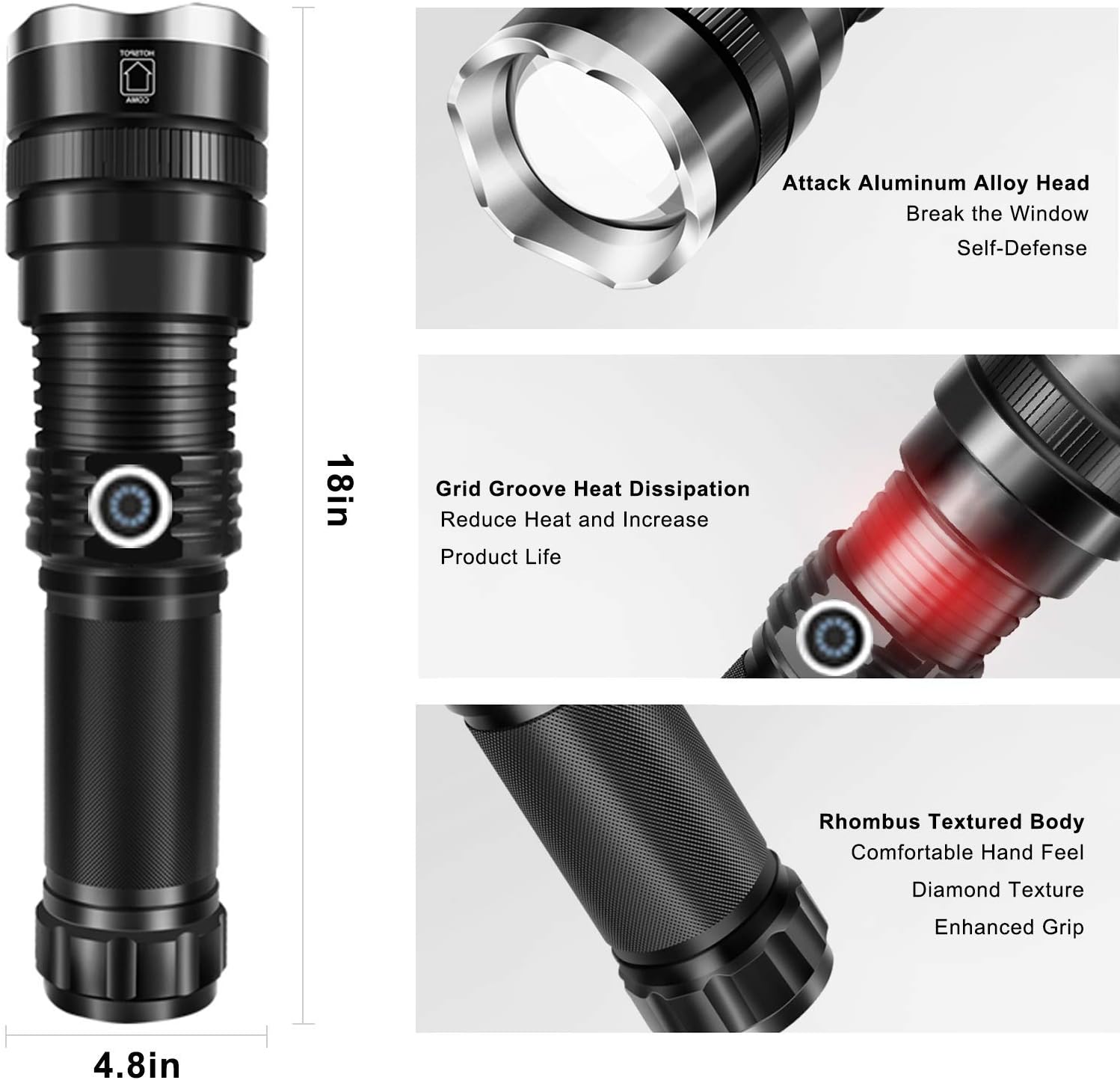 Rechargeable LED Flashlights High Lumens, 10000 Lumen Super Bright Tactical Flashlights, 4 Modes Zoomable Flashlights with High Power Battery & USB Charging, Waterproof Flashlight for Camping Hiking - - 