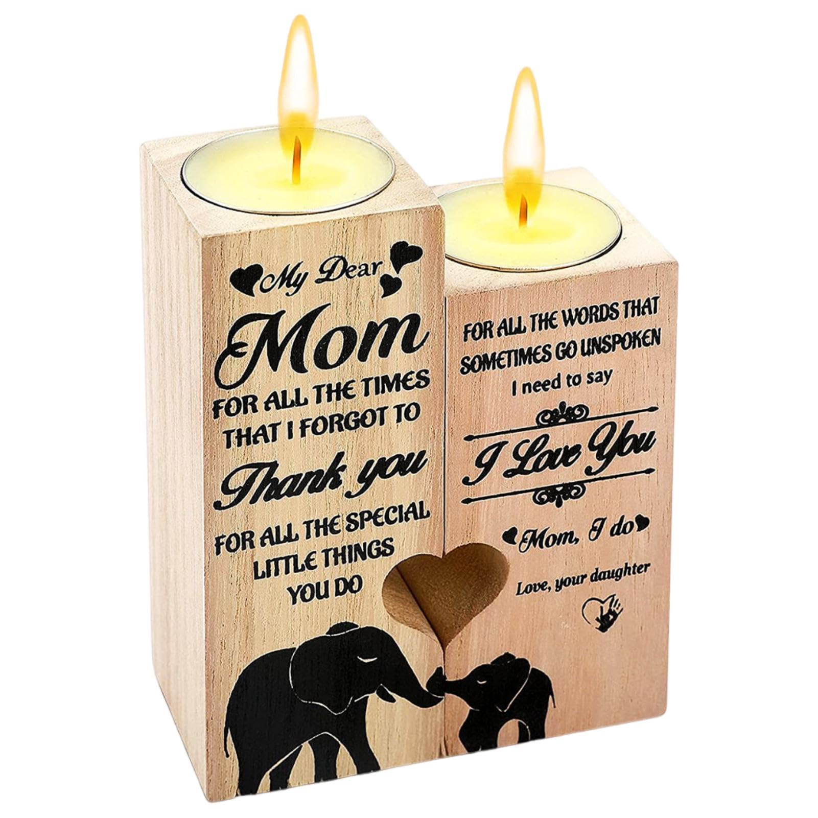 DSFSAEG Wooden Heart Shaped Candle Holders Gifts for Mum Daughter, Personalized Candle Gifts, Warm Engraved Craft Candlestick