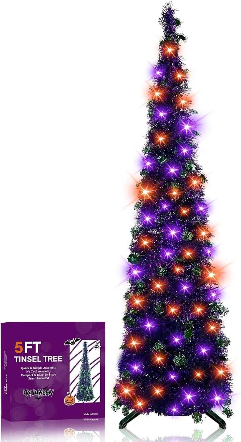 Trees - [ Orange & Purple Lights ] 5 Ft Tinsel Pop Up Halloween Tree Decorations Timer DIY 50LED Lights Sequins Battery Powered Artificial Black Pencil Halloween Tree Indoor Outdoor Party