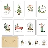 Bablira 24 Watercolor Merry Christmas Cards 6 Festive Designs, Rustic American Holiday Greeting Card Set, Boxed Christmas Holiday Cards for Family, Friends, Business, Adults, Kids, Boys, and Girls