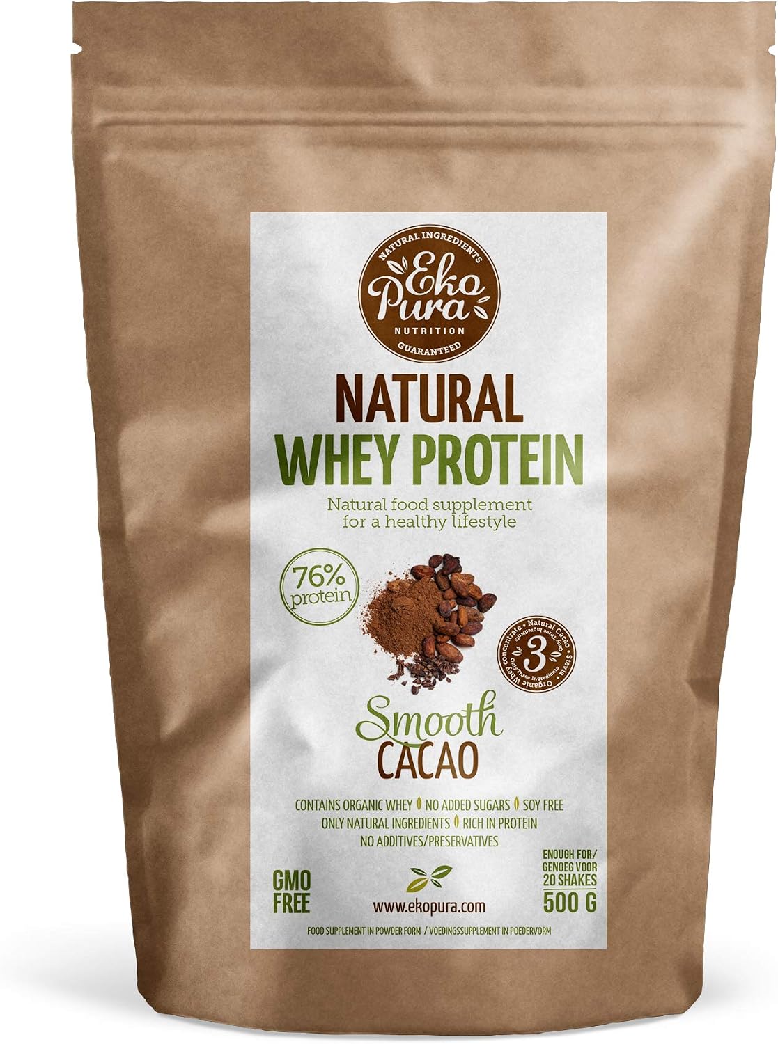 Ekopura Natural Whey Protein - Cocoa - 500g, Brown, 500 g (Pack of 1)