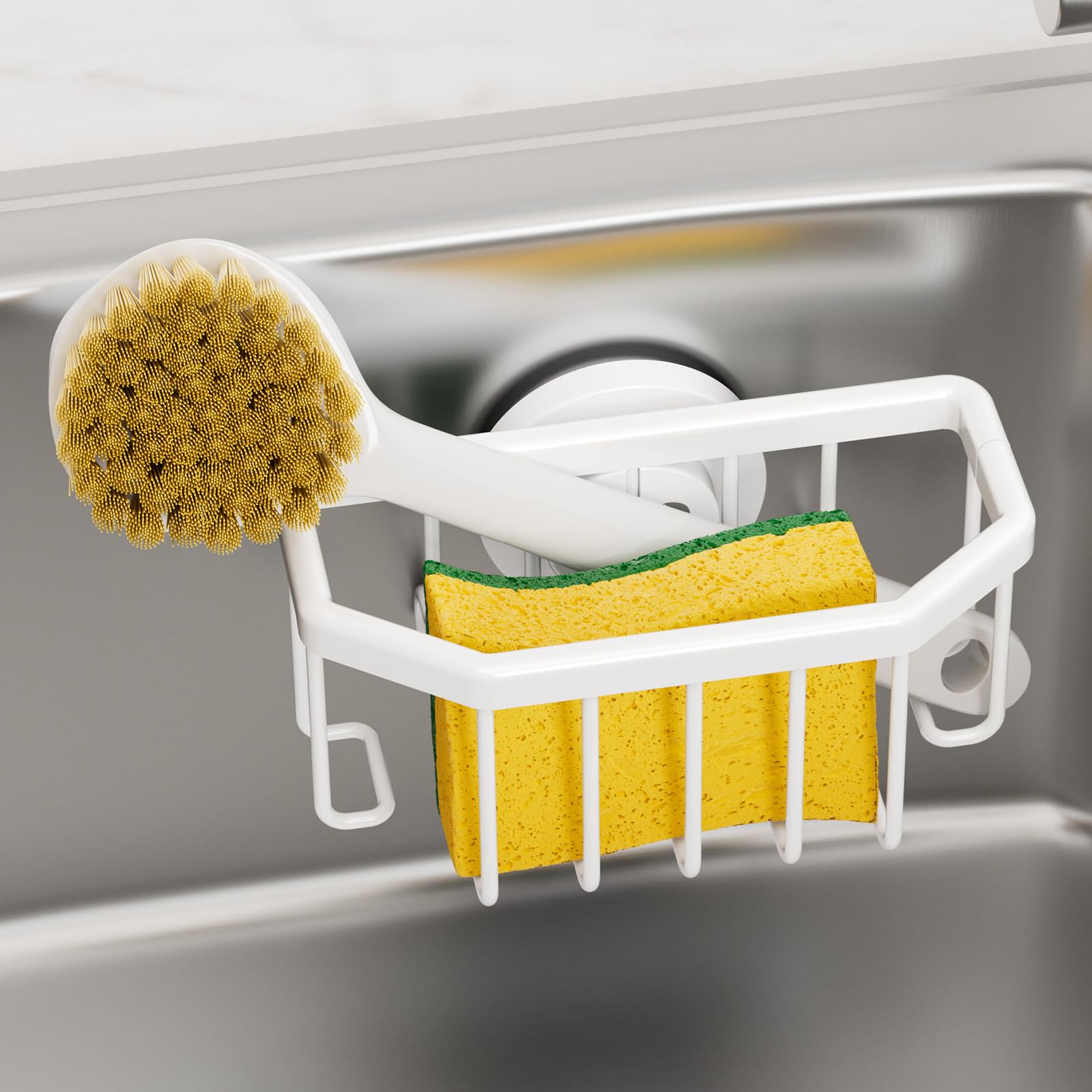 Photo 1 of TAILI Sponge Holder for Kitchen Sink with Strong Suction Cup Removable, Rustproof Aluminum Sink Caddy for Sponge, Brush, Scrubber, Scraper White