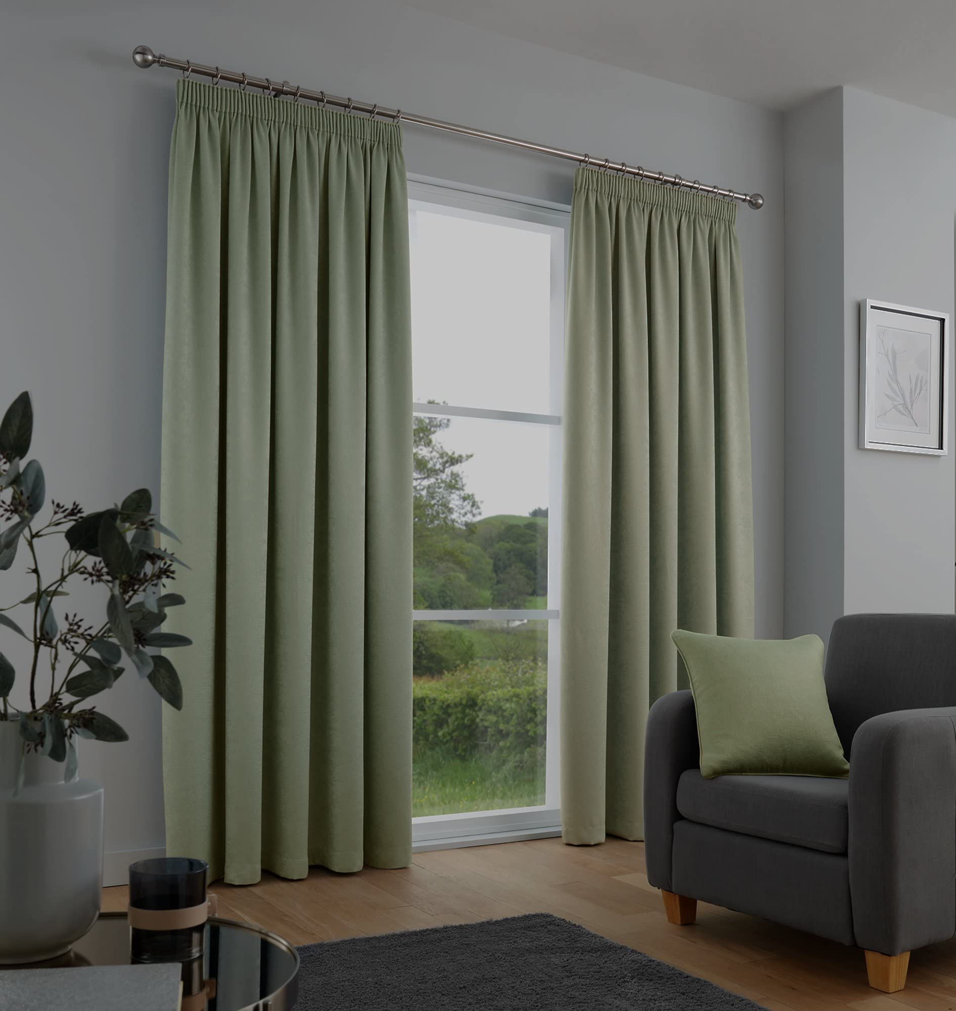 Fusion Sage Green Pencil Pleat Drapes – W46 x L72" (117x183cm) – 100% Cotton – Thermal & Soundproof – 2 Panels – Light Green Window Dressing for Bedroom – Soft Pleated Door Panel Pair