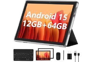 ECOPAD Android 15 Tablet, 10 Inch Tablets with Keyboard Mouse 12GB RAM + 64GB ROM +1TB Expand, 2 in 1 Tableta with WiFi 6 / Bluetooth/GMS Certified/IPS Touch Screen, Black Set